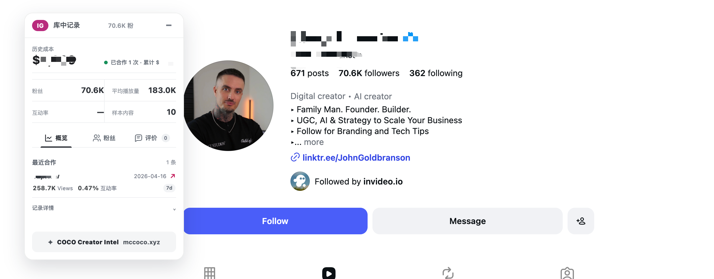 达人情报谷歌插件在 Instagram 达人主页旁显示去敏后的合作记录和公开指标
